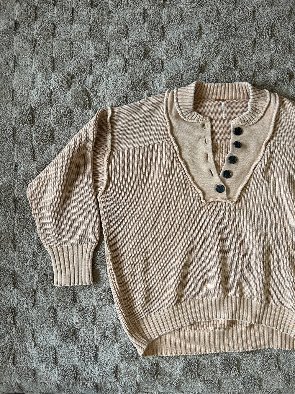Free People Oversized Knit Henley Sweater Cream Cotton Slouchy OS Fit XS